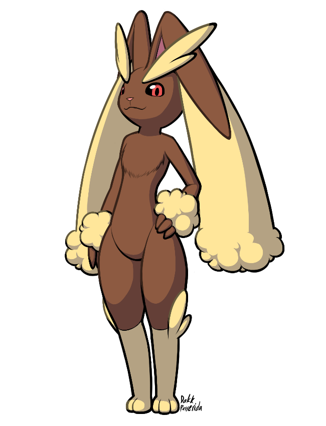 :3 animal_ears artist_name black_sclera bunny_ears dakkpasserida feet full_body furry hand_on_hip looking_at_viewer looking_down lopunny no_humans paws pokemon pokemon_(creature) pokemon_dppt red_eyes signature simple_background smile solo standing text transparent_background