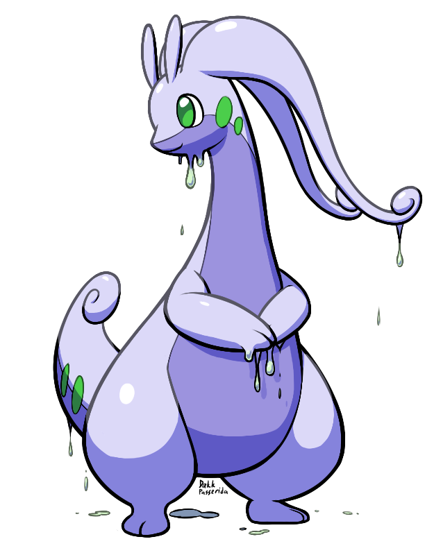 antennae artist_name dakkpasserida dragon dripping feet full_body goodra green_eyes hands_together hands_up no_humans pokemon pokemon_(creature) pokemon_xy shiny_skin signature simple_background smile solo standing tail text transparent_background