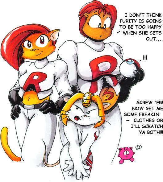 1999 anthro belt clothing cosplay costume covering covering_breasts covering_crotch crushed_(character) drake_fenwick feline female hair jigglypuff knaw_(character) mammal meowth nintendo nude pok&eacute;ball pok&eacute;mon red_stephie_(character) rodent supermegatopia tattoo team_rocket text torn_clothing video_games