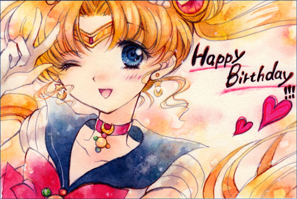 ;d bishoujo_senshi_sailor_moon blonde_hair blue_eyes blue_sailor_collar brooch collarbone earrings gloves hair_bun hair_ornament hairpin happy_birthday heart jewelry long_hair looking_at_viewer magical_girl one_eye_closed open_mouth red_neckwear sailor_collar sailor_moon sailor_senshi_uniform smile solo tsukino_usagi twintails v white_gloves yunshin