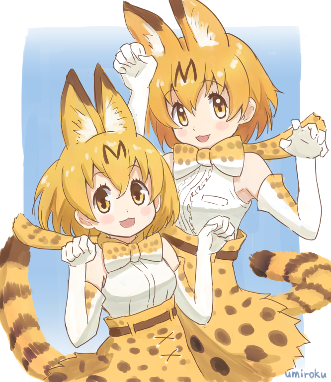 :3 :d animal_ears armpit_peek bare_shoulders blonde_hair blush_stickers bow bowtie breast_pocket breasts commentary dot_nose elbow_gloves eyebrows_visible_through_hair gloves hair_between_eyes kemono_friends light_brown_eyes looking_at_viewer medium_breasts multiple_views open_mouth paw_pose pocket serval_(kemono_friends) serval_ears serval_print serval_tail shirt short_hair signature skirt smile tail umiroku white_gloves white_shirt yellow_skirt
