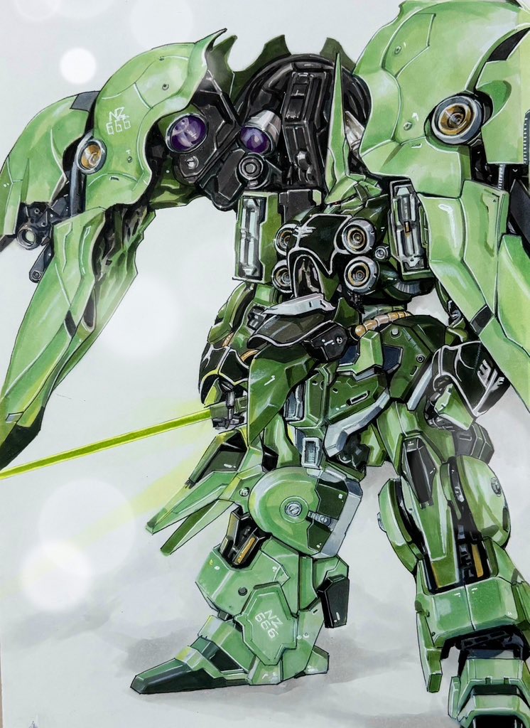 gundam gundam_unicorn holding holding_weapon katsu_(24791909) kshatriya machinery marker_(medium) mecha no_humans robot science_fiction sensor simple_background solo traditional_media weapon