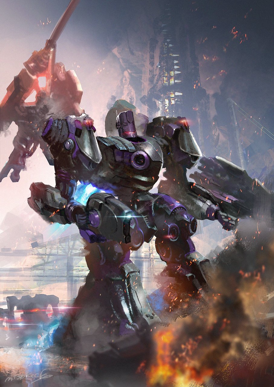 armored_core armored_core_6 embers full_body gun highres holding holding_gun holding_weapon mecha mecha_focus miso_katsu missile_pod no_humans one-eyed open_faith_(armored_core_6) red_eyes robot science_fiction shoulder_cannon smoke standing thrusters weapon