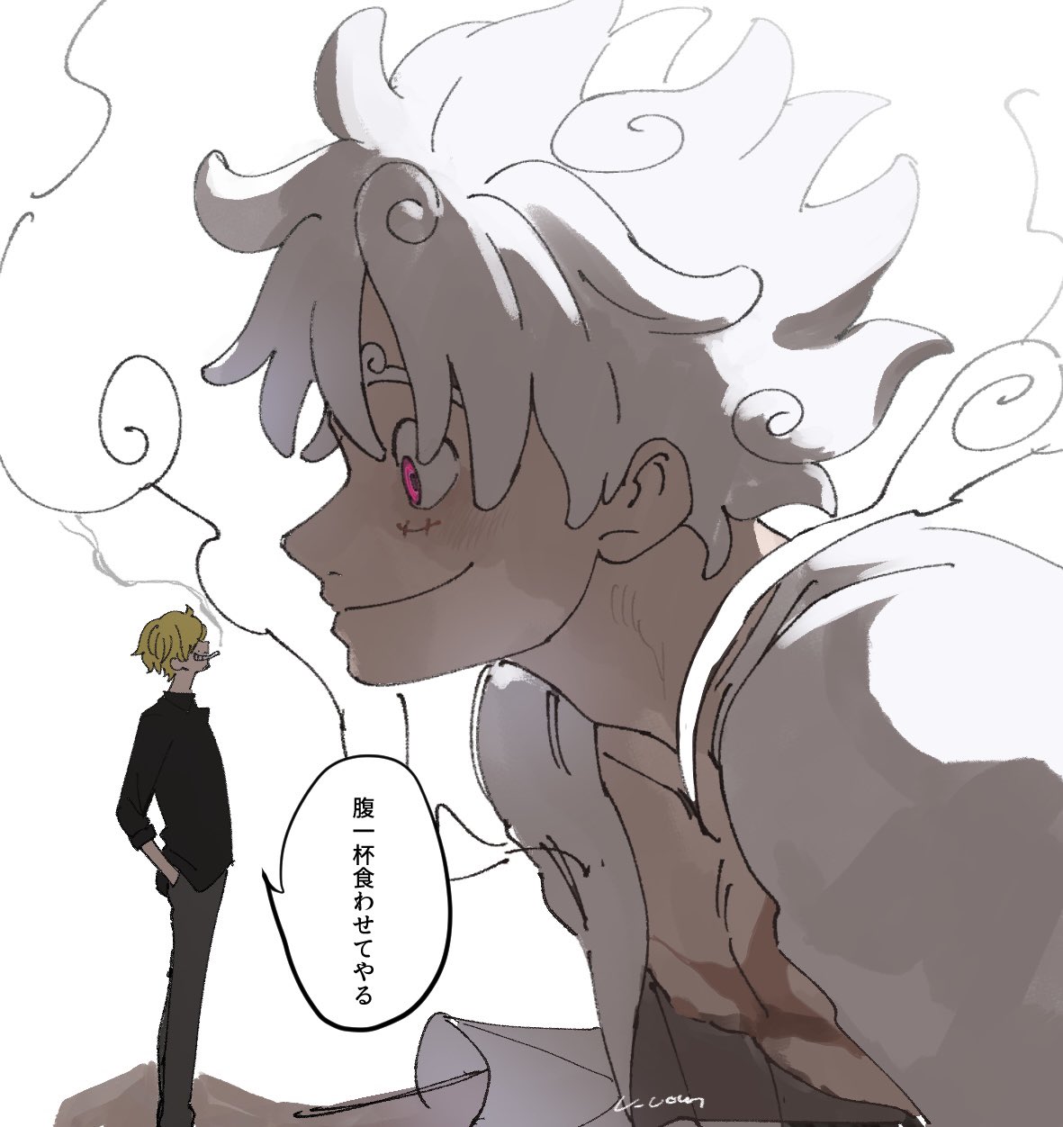 2boys black_shirt blonde_hair cigarette commentary_request covered_eyes curly_eyebrows devil_fruit_power gear_fifth giant grey_pants grin hands_in_pockets highres male_focus monkey_d._luffy multiple_boys one_piece open_clothes open_shirt pants pink_eyes profile sanji_(one_piece) shirt short_hair signature smile smoke smoking speech_bubble teeth translation_request u_uown white_background white_hair white_shirt