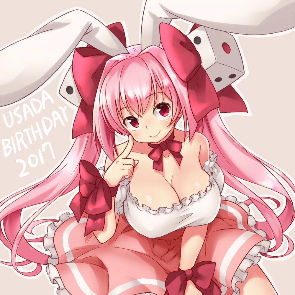 animal_ears bare_shoulders blush bow breasts bunny_ears cleavage di_gi_charat dice dice_hair_ornament dress hair_bow hair_ornament hondarai large_breasts long_hair pink_eyes pink_hair red_eyes ribbon smile solo twintails usada_hikaru