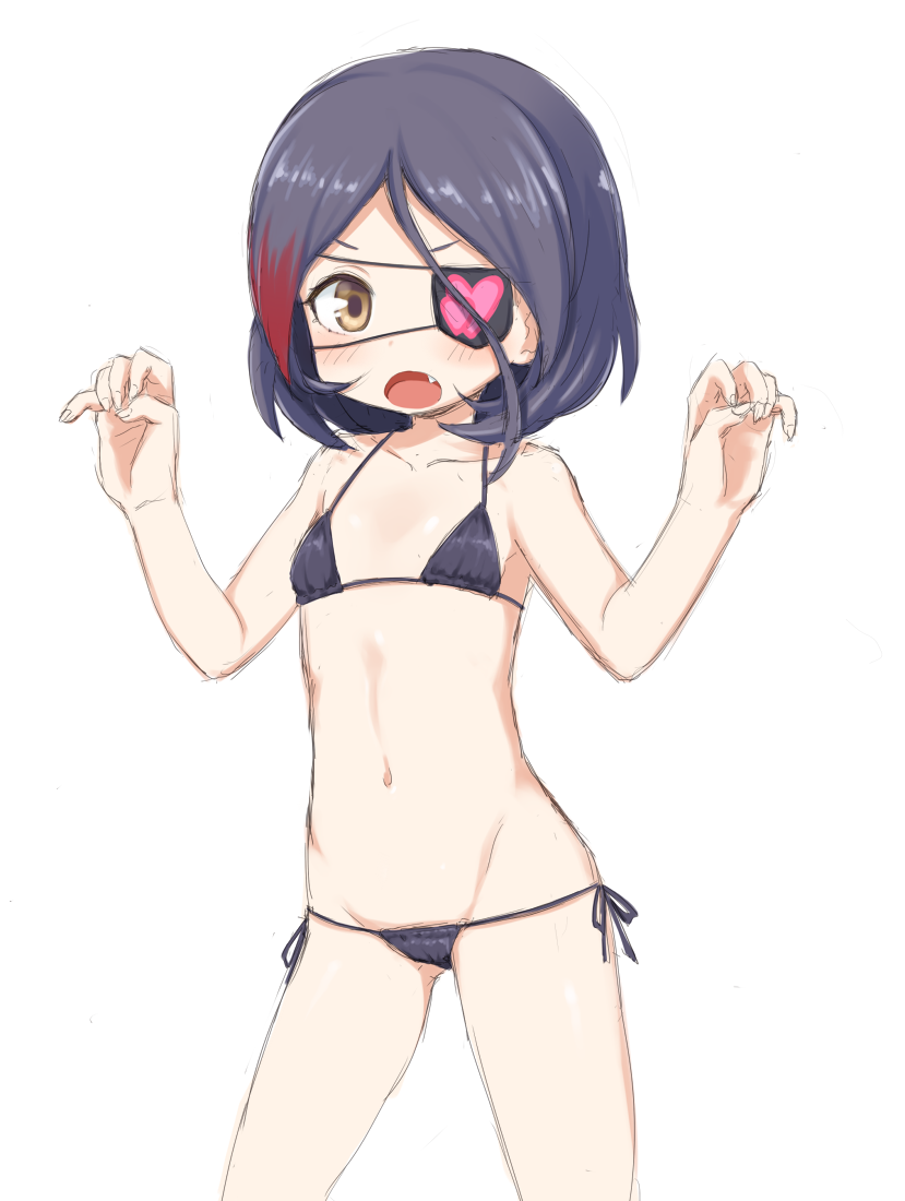 :o bangs bikini black_bikini blush collarbone cowboy_shot eyepatch fang flat_chest hands_up hayasaka_mirei heart heart_print highlights idolmaster idolmaster_cinderella_girls kou_(garakuta_teikoku) looking_at_viewer multicolored_hair open_mouth purple_hair red_hair short_hair side-tie_bikini simple_background solo swimsuit two-tone_hair v-shaped_eyebrows white_background