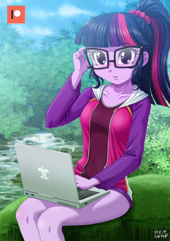 1girl computer glasses hair_tie hoodie jacket laptop multicolored_hair my_little_pony my_little_pony_equestria_girls my_little_pony_friendship_is_magic one_piece_swimsuit personification pink_hair ponytail purple_eyes purple_hair purple_skin solo swimsuit swimsuit_under_clothes twilight_sparkle two-tone_hair uotapo