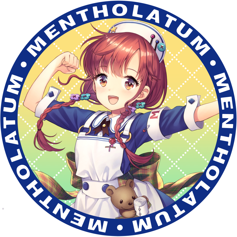 :d armband braid brown_eyes brown_hair copyright_name hair_ornament hat little_nurse mentholatum nurse nurse_cap o-ring open_mouth pin round_image safety_pin smile solo star_hat_ornament stuffed_animal stuffed_toy teddy_bear transparent_background twin_braids yamyom