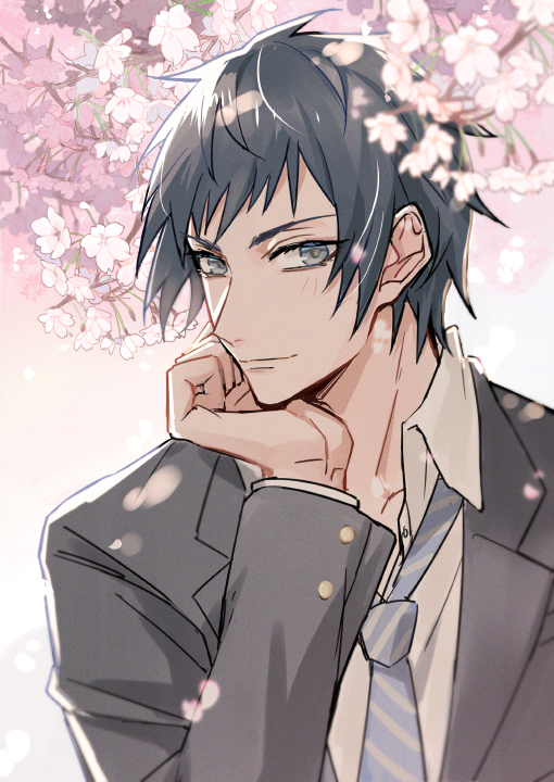 black_hair blue_eyes cherry_blossoms chin_rest final_fantasy final_fantasy_xv looking_at_viewer male_focus mintgreen0913 necktie noctis_lucis_caelum school_uniform solo teenage tree younger