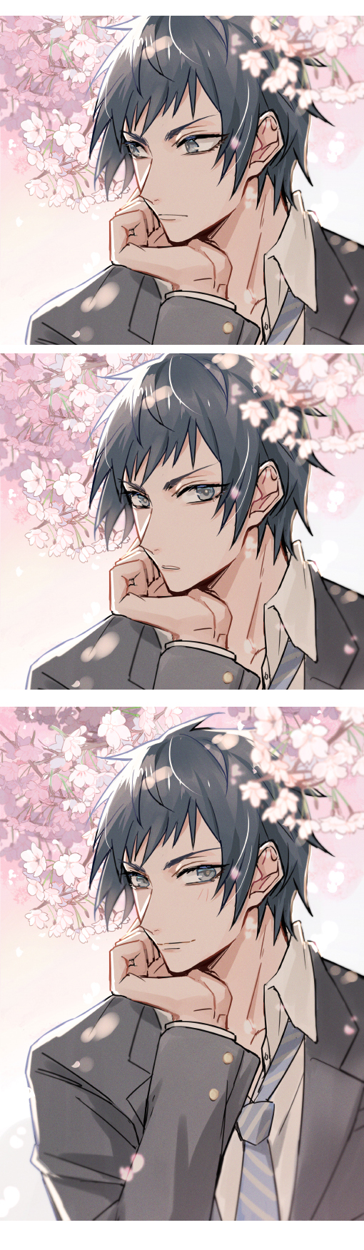 black_hair blue_eyes cherry_blossoms chin_rest final_fantasy final_fantasy_xv highres looking_at_viewer male_focus mintgreen0913 necktie noctis_lucis_caelum school_uniform teenage tree younger