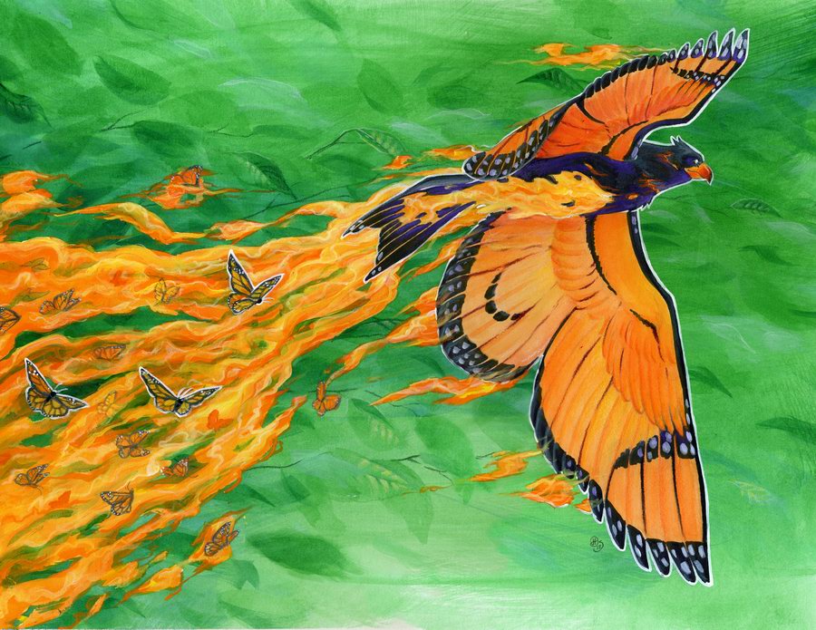ambiguous_gender arthropod avian bird black_feathers butterfly dhstein feathered_wings feathers feral fire group insect leaf monarch_butterfly orange_feathers phoenix wings