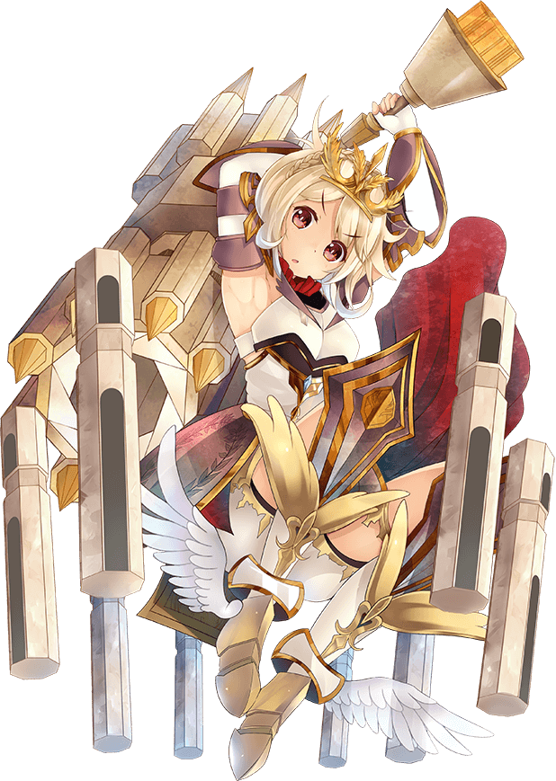 :o blonde_hair braid castel_del_monte_(oshiro_project) eyebrows_visible_through_hair full_body hair_ornament holding holding_weapon official_art oshiro_project oshiro_project_re red_eyes taicho128 transparent_background v-shaped_eyebrows warhammer weapon