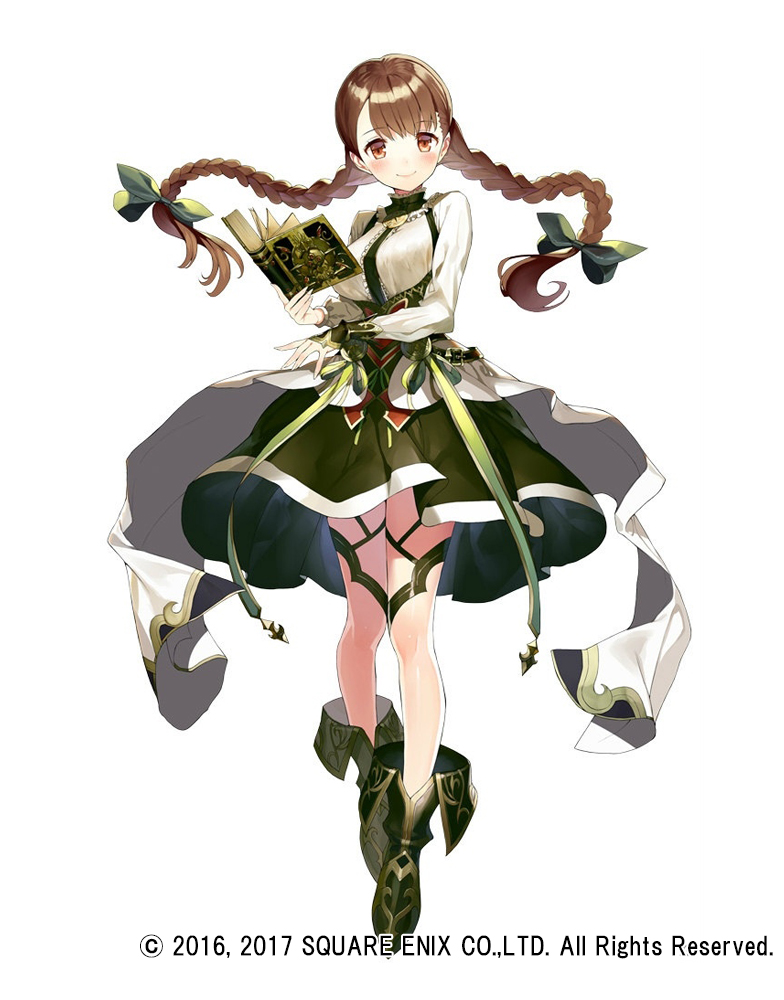 blush book braid breasts brown_eyes brown_hair commentary_request dorothy_(grimms_notes) eyebrows_visible_through_hair full_body green_ribbon green_skirt grimms_notes hair_ribbon holding holding_book large_breasts long_sleeves looking_at_viewer matsui_hiroaki official_art open_book ribbon shirt shoes simple_background skirt smile solo standing tress_ribbon twin_braids watermark white_background white_shirt