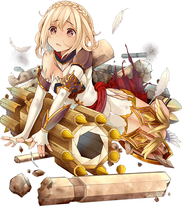 blonde_hair braid castel_del_monte_(oshiro_project) crown_braid eyebrows_visible_through_hair full_body official_art open_mouth oshiro_project oshiro_project_re red_eyes taicho128 torn_clothes transparent_background warhammer weapon