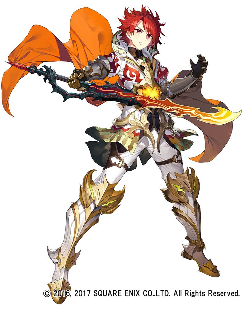 armor cape closed_mouth commentary_request full_body gauntlets grimms_notes high_collar holding holding_sword holding_weapon ignis_verfleim legs_apart male_focus matsui_hiroaki official_art pants red_eyes red_hair simple_background solo standing sword watermark weapon white_background