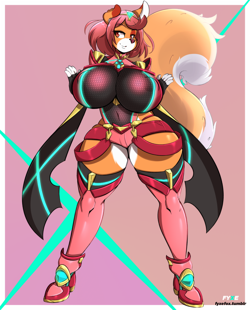 anthro armor big_breasts breasts canid canine canis cleavage clothed clothing cosplay curvaceous dog female footwear fox fyxe fyxe_(artist) gloves hair huge_breasts hybrid invalid_tag jewelry looking_at_viewer mammal nipple_bulge pyra_(xenoblade) red_eyes red_hair shoes smile solo standing thick_thighs video_games wide_hips xenoblade xenoblade_chronicles xenoblade_chronicles_2