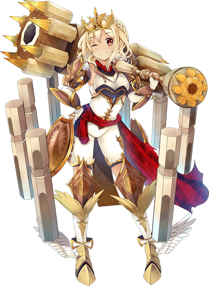 ;) blonde_hair braid castel_del_monte_(oshiro_project) eyebrows_visible_through_hair full_body hair_ornament holding holding_weapon official_art one_eye_closed oshiro_project oshiro_project_re red_eyes smile taicho128 transparent_background warhammer weapon