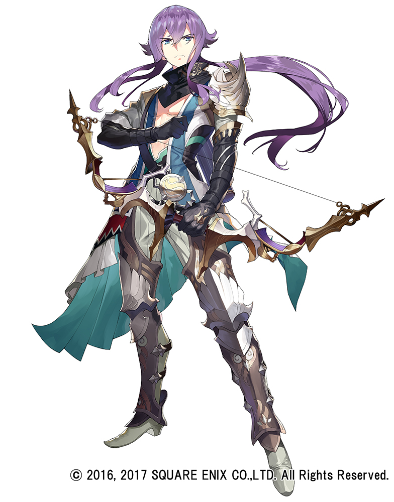 &gt;:( armor black_gloves blue_eyes bow_(weapon) closed_mouth coat commentary_request elbow_gloves eyebrows_visible_through_hair frown full_body gloves grimms_notes hair_between_eyes holding holding_bow_(weapon) holding_weapon legs_apart long_hair looking_at_viewer male_focus matsui_hiroaki official_art open_clothes open_shirt pants purple_hair robin_hood_(grimms_notes) scarf shirt simple_background solo standing v-shaped_eyebrows watermark weapon white_background