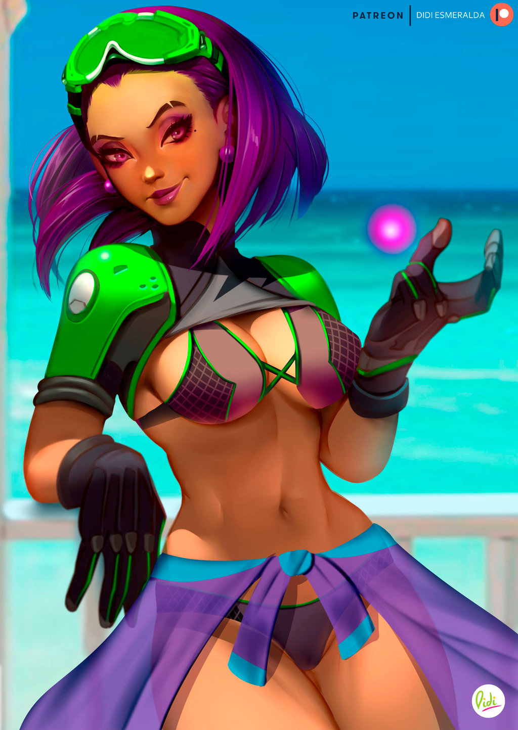 alternate_costume beach bikini black_gloves breasts cleavage dark_skin day didi_esmeralda earrings eyebrows eyelashes eyeshadow forehead gloves goggles goggles_on_head highres jewelry lips lipstick looking_at_viewer makeup mascara medium_breasts mole mole_under_eye navel outdoors overwatch patreon_username purple_eyes purple_hair purple_lipstick sarong smile solo sombra_(overwatch) swimsuit swimwear tulum_sombra