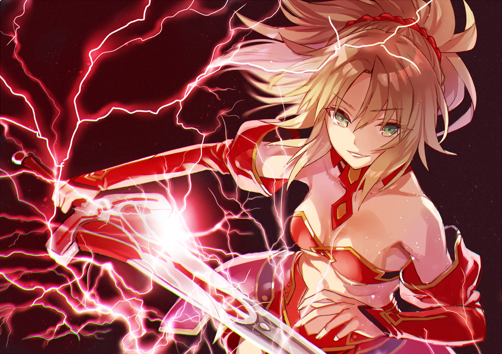 :d armor bandeau bangs bare_shoulders bikini_armor blonde_hair braid breasts clarent cleavage detached_collar detached_sleeves elbow_gloves electricity eyebrows_visible_through_hair fate/apocrypha fate_(series) faulds gloves green_eyes hair_ornament hair_scrunchie holding holding_sword holding_weapon lightning long_hair looking_at_viewer medium_breasts midriff mordred_(fate) mordred_(fate)_(all) open_mouth parted_bangs parted_lips partially_translated ponytail red_background red_scrunchie scrunchie sidelocks simple_background smile solo strapless sword translation_request tsurime unsheathed v-shaped_eyebrows weapon yuzuki_karu