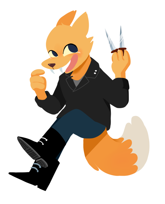 2017 anthro bear boots canine clothed clothing cute doughnut english_text fangs food footwear fox fur gregg_(nitw) holding_object jacket knife leather leather_jacket male mammal night_in_the_woods sir-fluffbutts_(artist) text weapon
