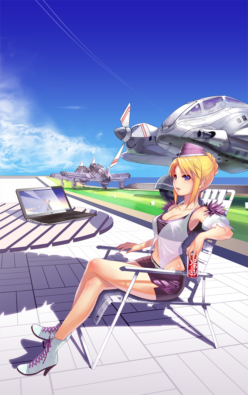 aircraft airplane belt blonde_hair blue_eyes blush boots breasts can cecilia_(pangya) chair cloud collarbone computer condensation_trail cross-laced_footwear crossed_legs day detached_sleeves drink fighter_jet from_side full_body garrison_cap hat high_heel_boots high_heels highres holding jet kamdia lace-up_boots laptop large_breasts legs long_legs midriff military military_vehicle miniskirt outdoors pangya parted_lips pencil_skirt propeller puffy_short_sleeves puffy_sleeves see-through shiny shiny_skin short_hair short_sleeves silhouette sitting skirt sky solo sports_bra table thighs white_footwear