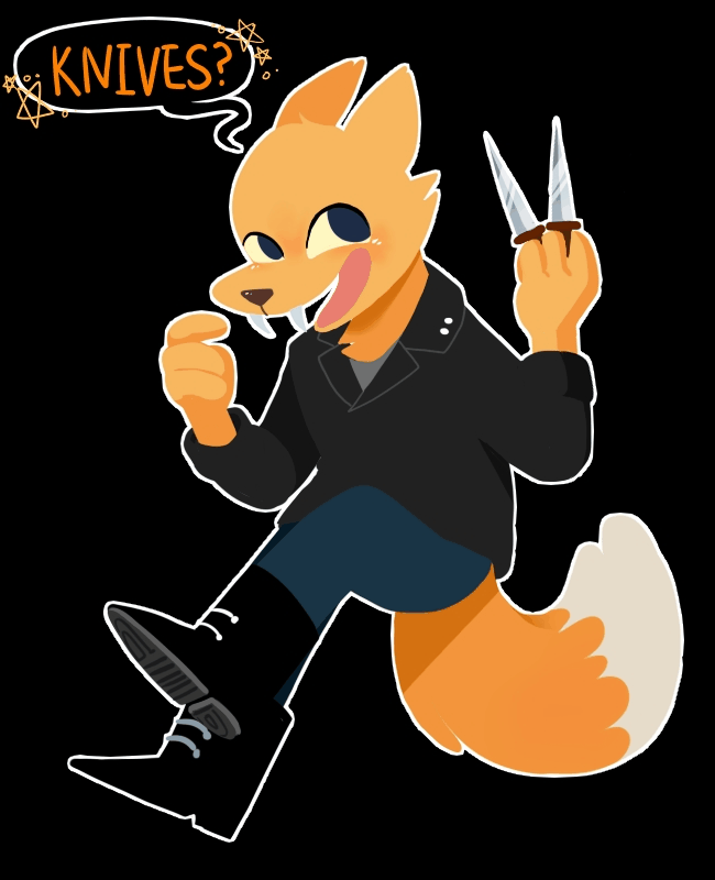 2017 angus_(nitw) animated anthro bear boots canine clothed clothing cute dialogue doodles doughnut english_text fangs food footwear fox fur gregg_(nitw) gregg_rulz_ok hat holding_object humor jacket knife leather leather_jacket male mammal night_in_the_woods pieorgi sir-fluffbutts_(artist) sketch smile speech_bubble star text weapon