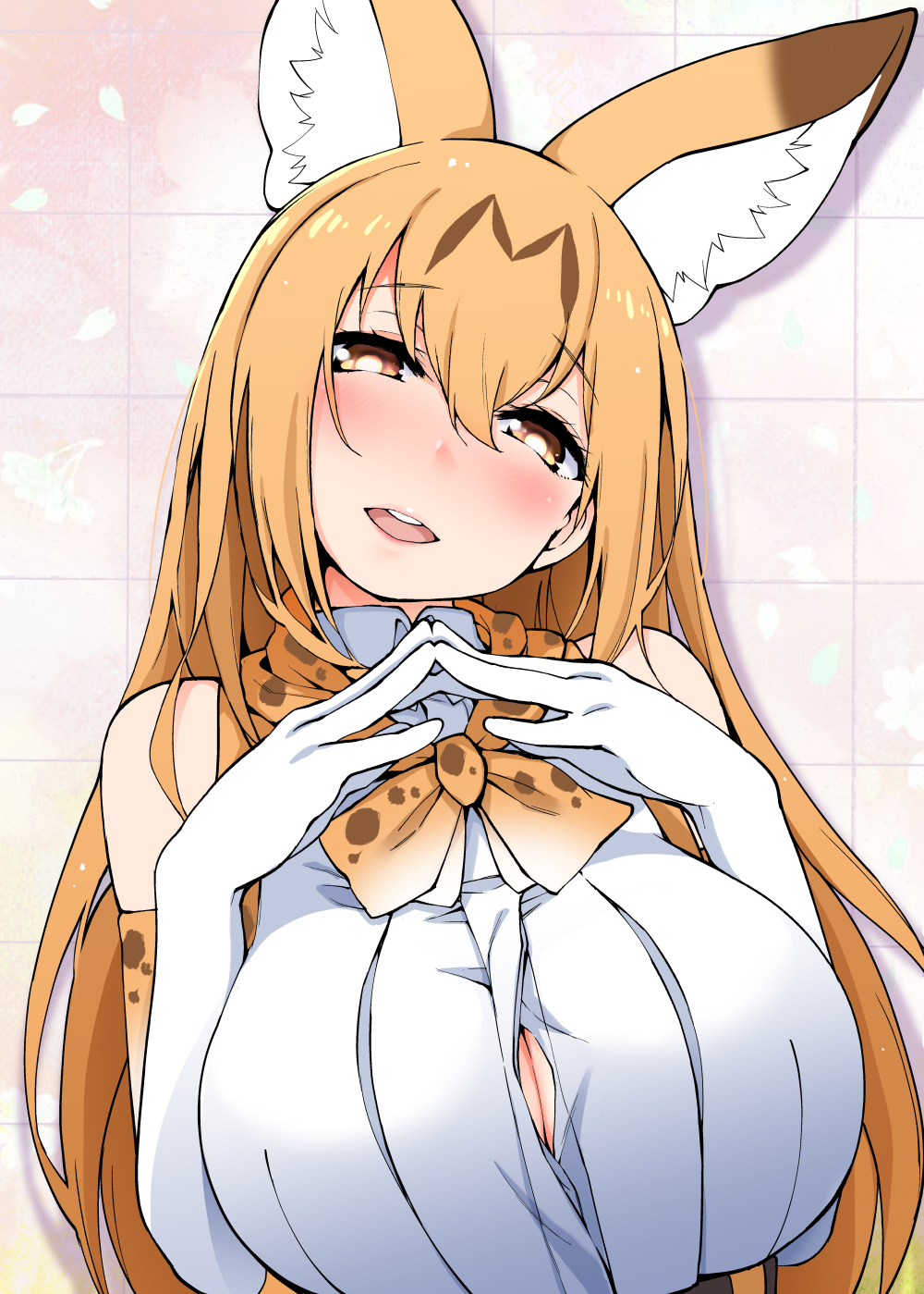alternate_breast_size alternate_hair_length alternate_hairstyle animal_ear_fluff animal_ears bangs blonde_hair blush bow bowtie breasts bright_pupils button_gap cleavage elbow_gloves extra_ears eyebrows_visible_through_hair fingers_together gloves hair_between_eyes hands_together hayashi_(l8poushou) head_tilt highres kemono_friends large_breasts long_hair looking_at_viewer older parted_lips serval_(kemono_friends) serval_ears serval_print smile solo upper_body very_long_hair white_gloves yellow_eyes