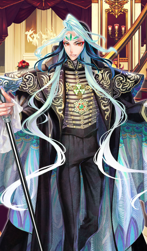 1boy androgynous azuma_toh bishounen black_coat black_hair black_pants cane clothing_request coat commentary crossed_ankles eyeshadow fate/grand_order fate_(series) forehead_jewel formal_clothes frilled_sleeves frills high_collar holding holding_cane indoors long_hair long_sleeves looking_at_viewer makeup multicolored_hair official_art outstretched_arms pants parted_lips red_eyes red_eyeshadow shi_huang_di_(fate) shi_huang_di_(festival_outfit)_(fate) smile solo standing teeth third-party_source very_long_hair white_hair