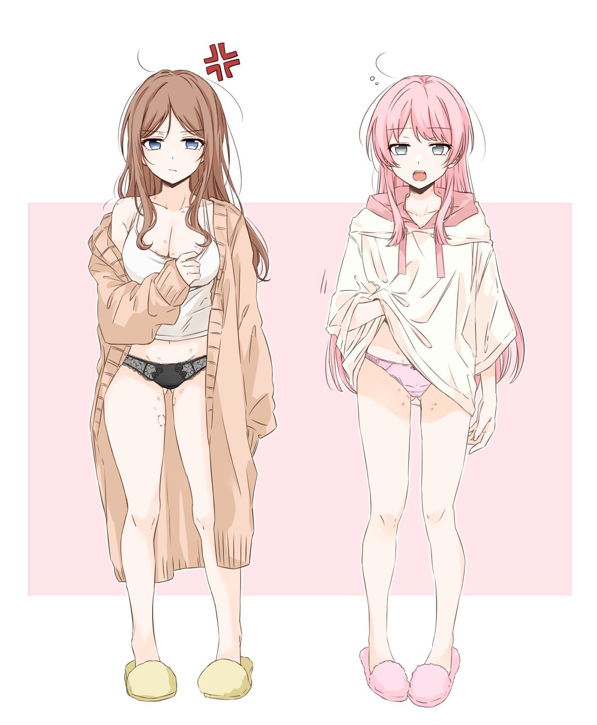 2girls anger_vein ass_visible_through_thighs bang_dream! bang_dream!_it's_mygo!!!!! bite_mark bite_mark_on_thigh black_panties blue_eyes border breasts brown_cardigan brown_hair camisole cardigan chihaya_anon cleavage closed_mouth commentary_request grey_eyes hickey highres hood hood_down hoodie long_hair multiple_girls nagasaki_soyo open_cardigan open_clothes open_mouth panties pink_background pink_hair pink_panties porinki sidelocks slippers standing teeth three-quarter_sleeves underwear upper_teeth_only white_border white_camisole white_hoodie yuri