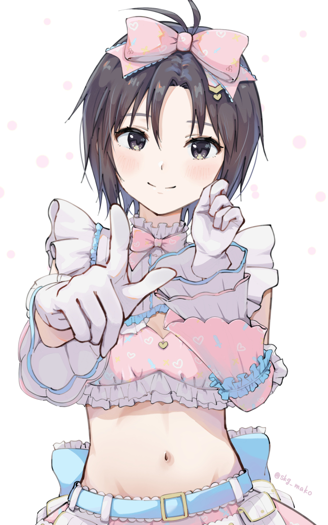 1girl antenna_hair belt black_eyes black_hair blush bow bowtie cleavage_cutout closed_mouth clothing_cutout commentary_request crop_top detached_sleeves frilled_shirt frilled_sleeves frills gloves hair_bow idolmaster idolmaster_(classic) idolmaster_starlit_season kikuchi_makoto looking_at_viewer midriff mogskg navel pink_bow pink_bowtie shirt short_hair sleeveless sleeveless_shirt smile solo stomach sweet_dolls_(idolmaster) upper_body white_background white_gloves