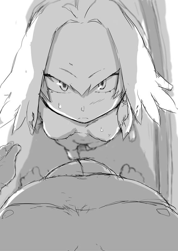 1girl arms_at_sides bangs barefoot blurry breasts breasts_apart bulge closed_mouth depth_of_field expressionless eyebrows_visible_through_hair from_above genb greyscale hair_between_eyes height_difference kemono_friends long_hair looking_at_viewer looking_back low_ponytail monochrome nude pov shoebill_(kemono_friends) side_ponytail sketch small_breasts standing sweat