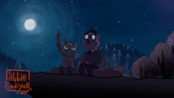 0 2017 angus_(nitw) animated anthro bear better_version_at_source black_fur boots brown_fur cat cliff cliff_side clothing constellation constellations cute eyewear fedora feline footwear forest full_moon fur glasses grass hat jibbin_kodiyak log mae_(nitw) mammal moon necktie night night_in_the_woods pants pat pat_on_the_back pointing rotating_shot shirt smile star sweater tower tree watermark whiskers wood