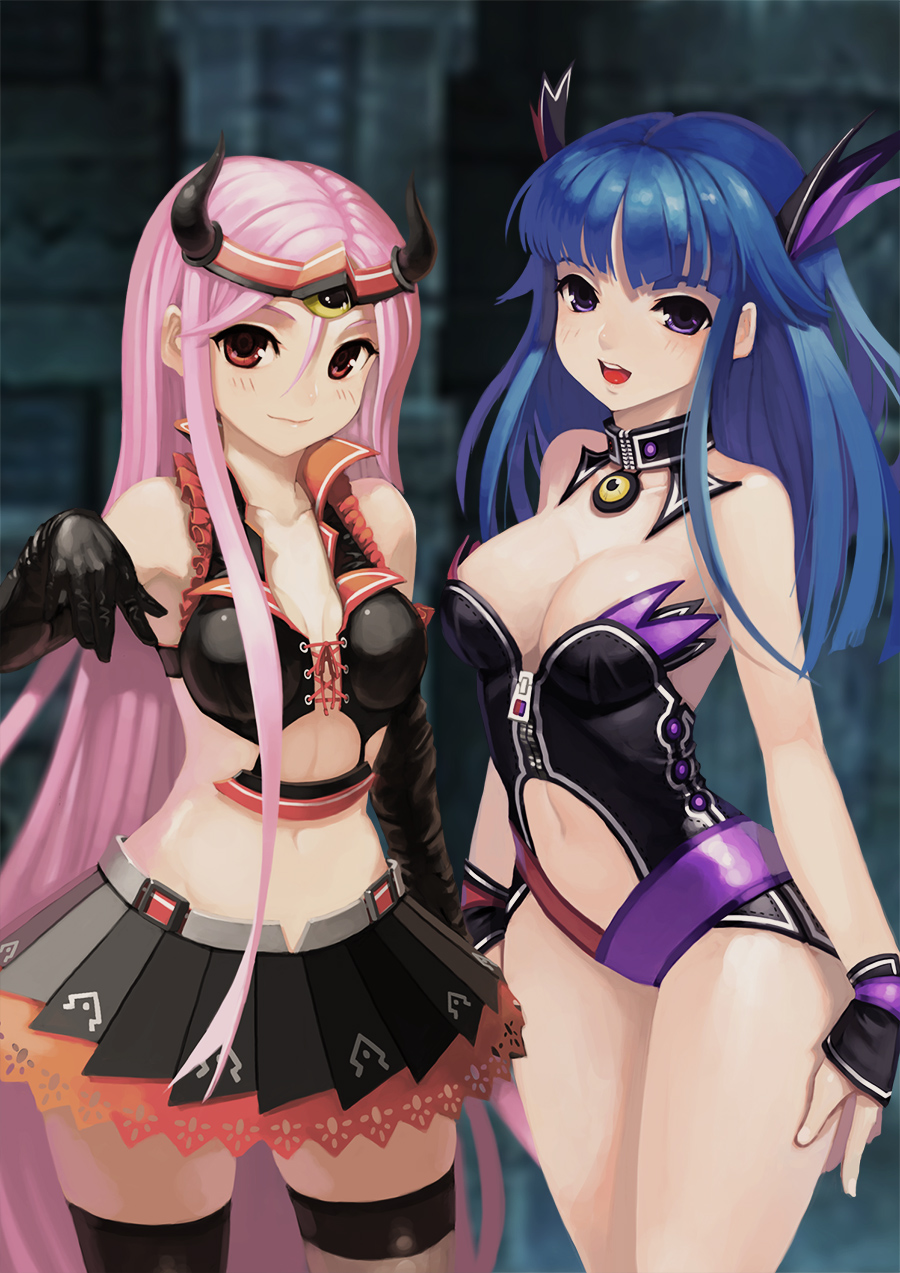 :d arin arm_at_side bare_shoulders black_gloves black_legwear black_skirt blue_hair blurry blush breasts breasts_apart cleavage closed_mouth cowboy_shot crop_top depth_of_field detached_collar elbow_gloves frilled_shirt frills gloves hair_between_eyes headpiece highres kamdia large_breasts long_hair looking_at_viewer lucia_(pangya) multiple_girls open_mouth pangya pink_hair pleated_skirt purple_eyes red_eyes shirt skirt sleeveless sleeveless_shirt smile striped thighhighs very_long_hair wrist_cuffs zettai_ryouiki