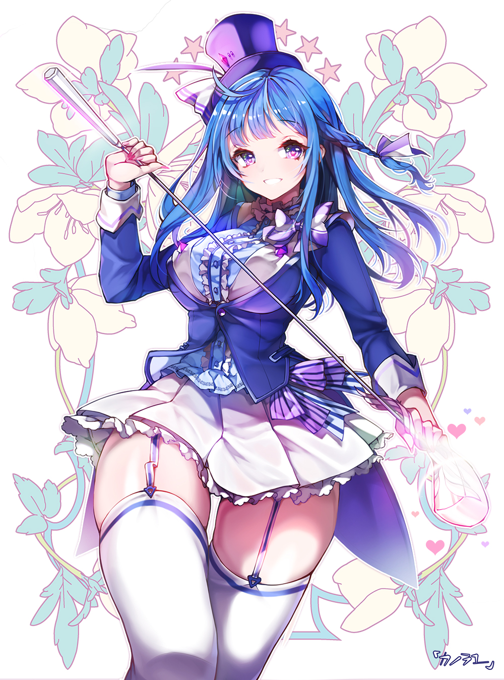 arin blazer blue_eyes blue_hair breasts garter_straps golf_club hat highres jacket kanola_u large_breasts long_hair long_sleeves looking_at_viewer pangya skirt smile solo thick_thighs thighhighs thighs