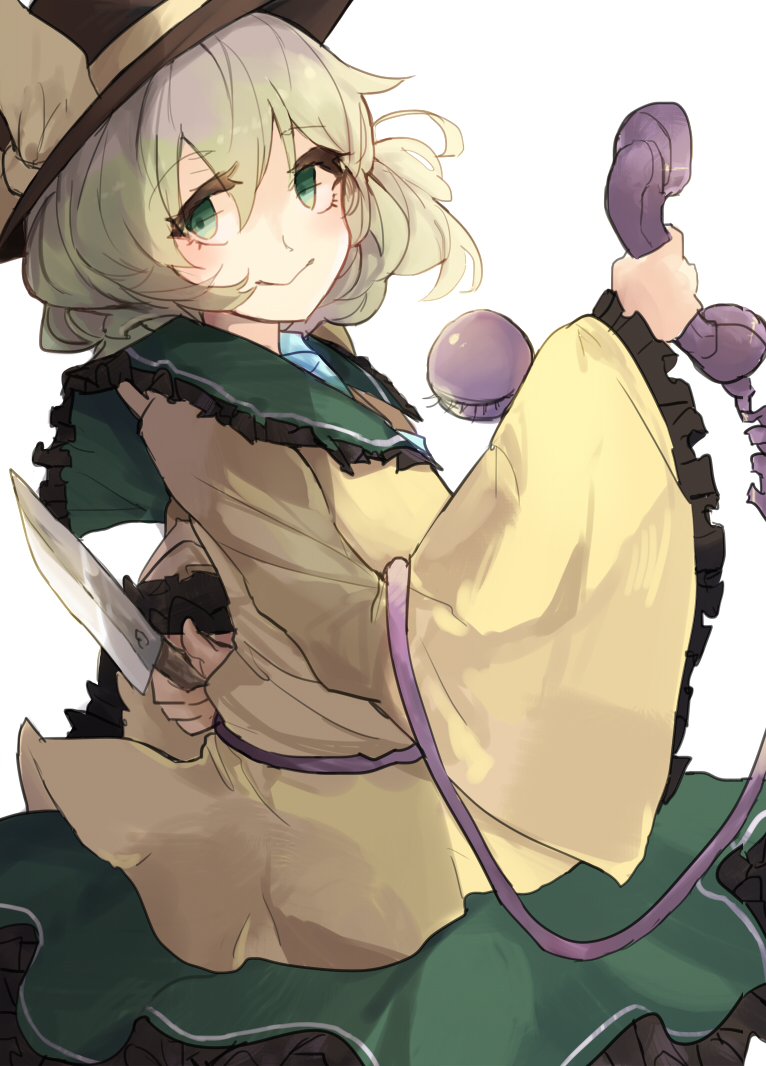 arm_behind_back bangs banned_artist bow brown_hat closed_mouth cowboy_shot eyebrows_visible_through_hair from_side green_eyes green_hair green_skirt hair_between_eyes hat hat_bow holding holding_knife holding_phone knife komeiji_koishi long_sleeves looking_to_the_side phone short_hair simple_background skirt solo third_eye touhou white_background wide_sleeves yellow_bow zairen