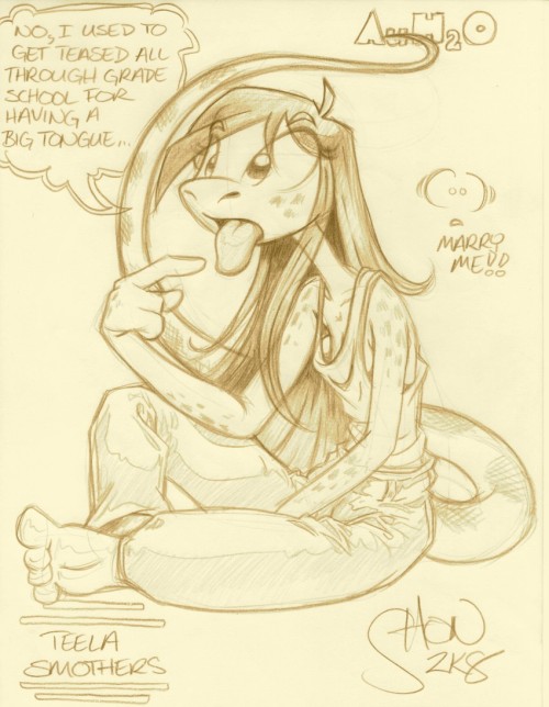 anthro clothed clothing female hair king-cheetah lizard long_hair monochrome open_mouth pants reptile scalie shirt simple_background sitting sketch solo spots teela_smothers text tongue tongue_out white_background