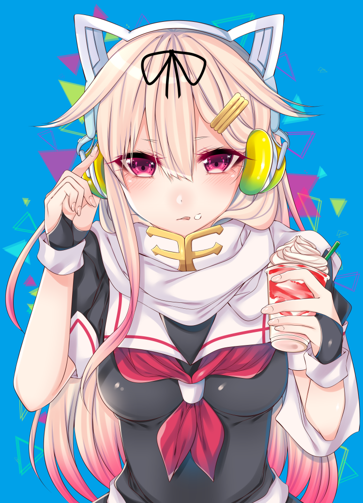 animal_ears black_ribbon black_shirt blonde_hair blue_background breasts cat_ears cream cream_on_face fake_animal_ears food food_on_face hair_between_eyes hair_ribbon headphones index_finger_raised kantai_collection long_hair looking_at_viewer medium_breasts multicolored_hair neckerchief pink_hair red_eyes red_neckwear remodel_(kantai_collection) ribbon scarf school_uniform shiny shiny_clothes shirt shisei_(kyuushoku_banchou) short_sleeves simple_background solo standing two-tone_hair upper_body very_long_hair white_scarf yuudachi_(kantai_collection)