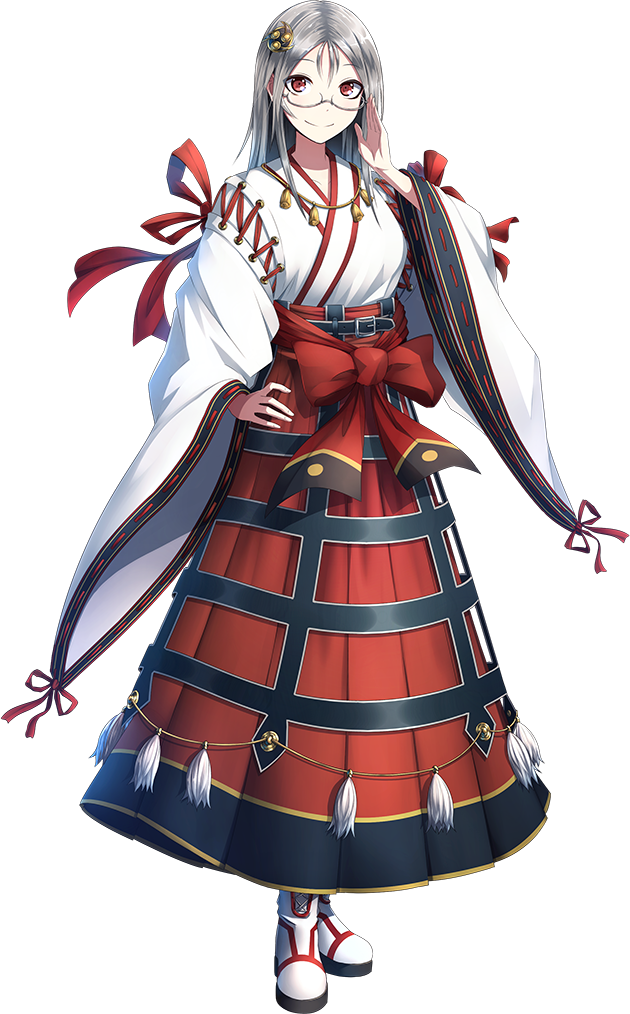 full_body glasses hair_ornament hand_on_hip kei-suwabe long_skirt looking_at_viewer nontraditional_miko official_art oshiro_project oshiro_project_re red_eyes red_skirt semi-rimless_eyewear silver_hair skirt smile takatenjin_(oshiro_project) transparent_background