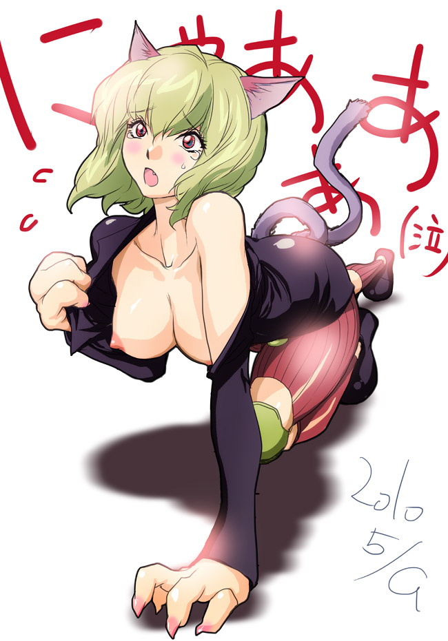 animal_ears bad_id bad_pixiv_id bent_over breasts cat_ears fang green_hair hunter_x_hunter konkitto large_breasts neferpitou nipples open_mouth red_eyes solo tail tears