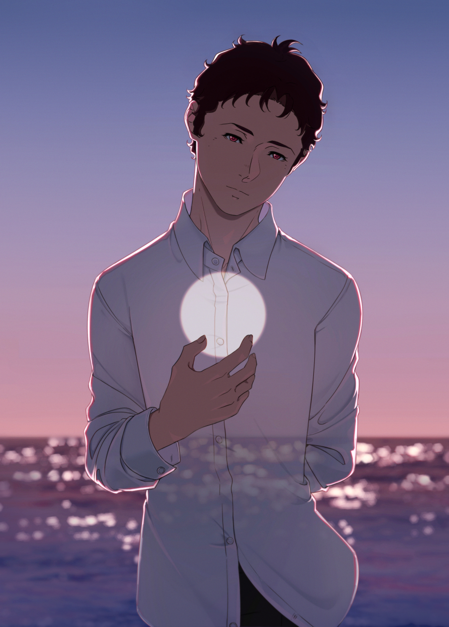 1boy arm_behind_back black_pants brown_hair closed_mouth collared_shirt cowboy_shot dusk enelous gundam gundam_hathaway's_flash hathaway_noa highres horizon long_sleeves looking_at_viewer male_focus ocean outdoors pants red_eyes see-through_body shirt short_hair solo very_short_hair white_shirt