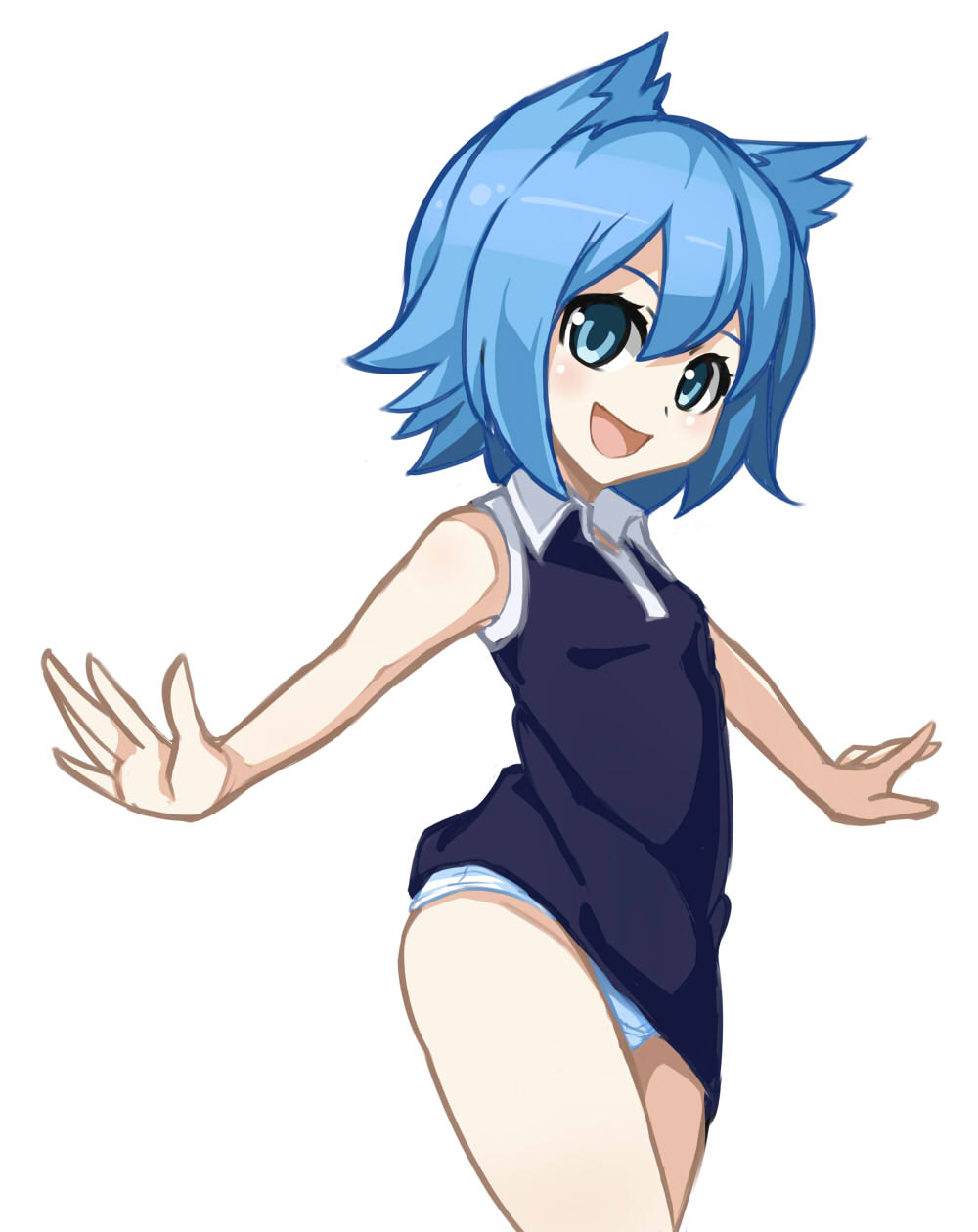 :d animal_ears bare_arms blue_dress blue_eyes blue_hair blush cat_ears collared_dress commentary_request cowboy_shot dress dress_lift from_side hair_between_eyes highres looking_at_viewer looking_to_the_side mo-re: nanami_ao open_mouth outstretched_arms panties short_hair simple_background sleeveless sleeveless_dress smile solo spread_arms standing tareme underwear white_background white_panties yozakura_quartet