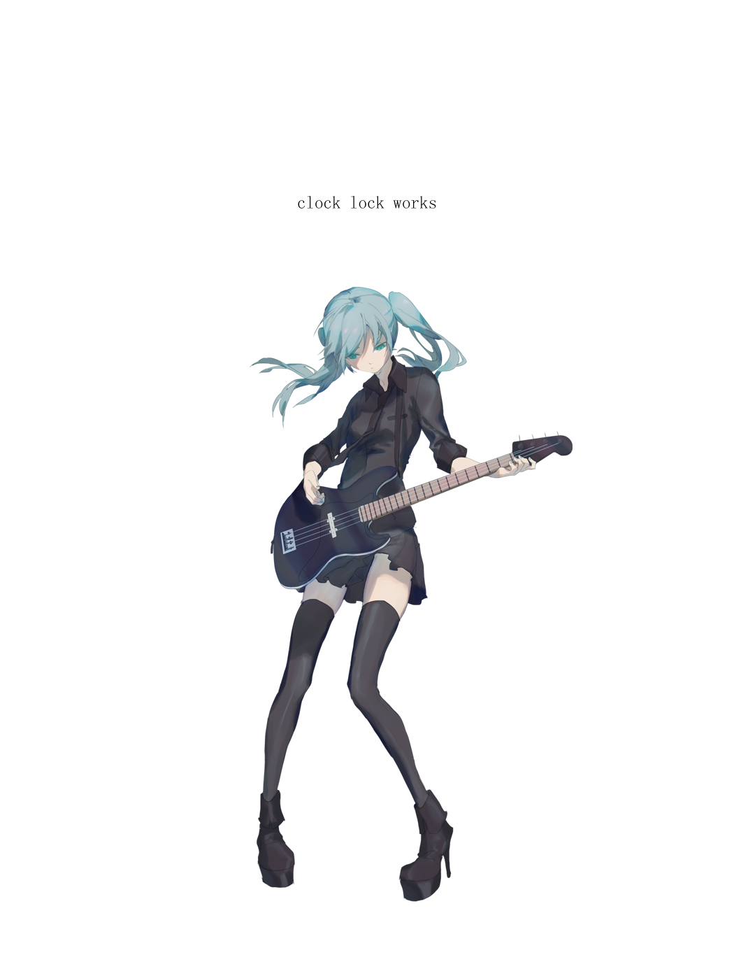 bangs bass_guitar black_footwear black_legwear black_shirt black_skirt blue_hair boots clock_lock_works_(vocaloid) closed_mouth collared_shirt copyright_name electric_guitar full_body green_eyes guitar hatsune_miku high_heel_boots high_heels highres holding holding_instrument instrument long_hair long_legs miniskirt music playing_instrument pleated_skirt shirt simple_background skirt sleeves_rolled_up solo song_name spencer_sais standing thighhighs tsurime twintails vocaloid white_background