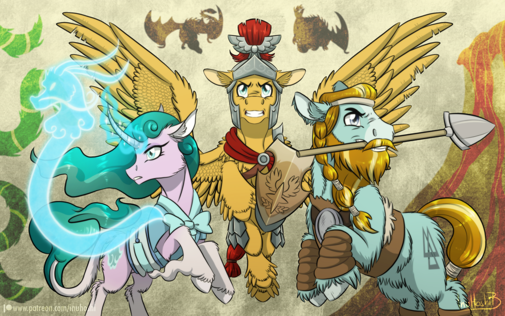 armor cutie_mark equine flash_magnus_(mlp) friendship_is_magic galea group horn horse inuhoshi-to-darkpen magic mammal melee_weapon mistmane_(mlp) my_little_pony pegasus polearm pony rockhoof_(mlp) spear unicorn weapon wings