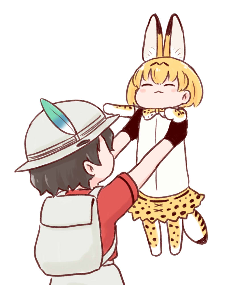 :3 animal_ears backpack bag batta_(ijigen_debris) black_hair blonde_hair blush carrying closed_eyes commentary gloves hat hat_feather holding_up kaban_(kemono_friends) kemono_friends longcat meme multiple_girls serval_(kemono_friends) serval_ears serval_print serval_tail short_hair simple_background tail thighhighs white_background