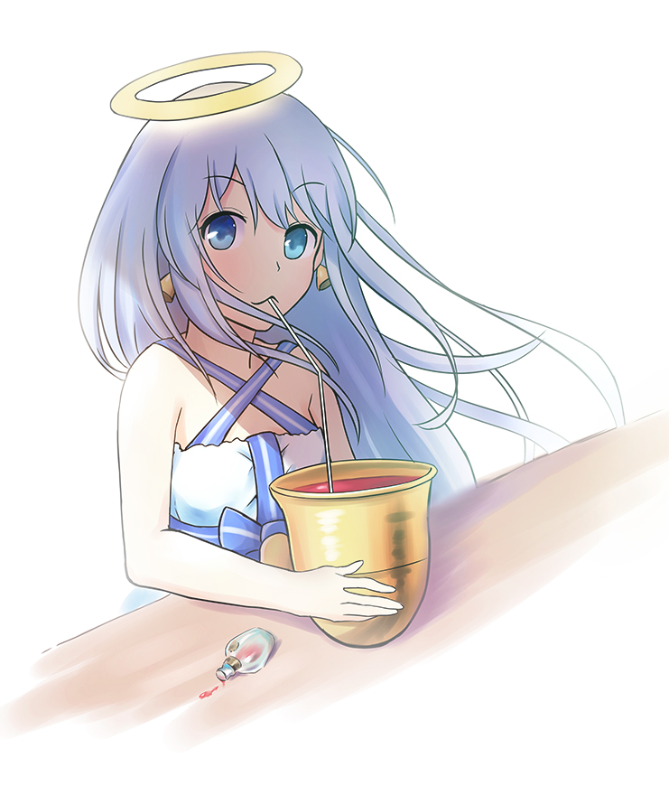 bell bell_earrings bellringer_angel blue_eyes commentary dress drinking drinking_straw earrings halo jewelry long_hair looking_at_viewer shadowverse silver_hair sitting white_dress yahiro_(666131415)