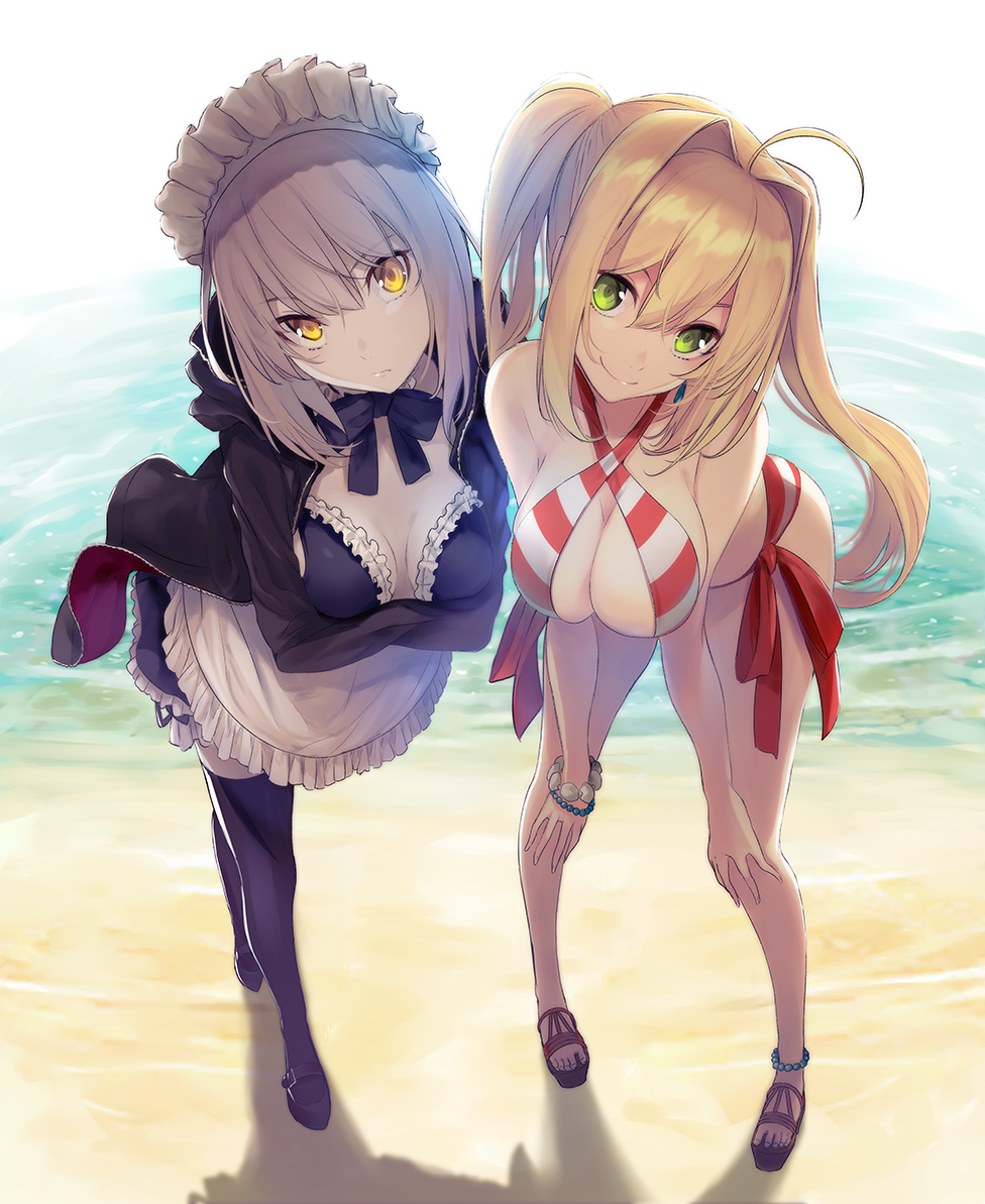 ahoge anklet apron artoria_pendragon_(all) artoria_pendragon_(swimsuit_rider_alter) bangs beach bikini bikini_under_clothes black_jacket black_legwear blonde_hair bow bowtie bracelet breasts cleavage criss-cross_halter crossed_arms day eyebrows_visible_through_hair fate/grand_order fate_(series) green_eyes hair_between_eyes hair_intakes halterneck hands_on_own_knees head_tilt jacket jewelry large_breasts leaning_forward long_hair looking_at_viewer maid_bikini maid_headdress medium_breasts multiple_girls nero_claudius_(fate)_(all) nero_claudius_(swimsuit_caster)_(fate) ocean outdoors saber_alter sandals shadow shoes short_hair side-by-side side-tie_bikini smile striped striped_bikini swimsuit thighhighs twintails water yellow_eyes yuunagi_(seventh_heaven)