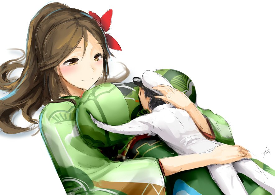 1girl admiral_(kantai_collection) amagi_(kantai_collection) between_breasts black_eyes black_hair blush breast_smother breasts brown_eyes brown_hair closed_mouth commentary_request ebizome eyebrows_visible_through_hair giantess hair_between_eyes hair_ornament hand_on_another's_ass hat head_between_breasts hetero hug japanese_clothes kantai_collection kimono large_breasts long_hair looking_at_another lying on_back on_person on_stomach pants peaked_cap ponytail simple_background size_difference smile white_background white_pants