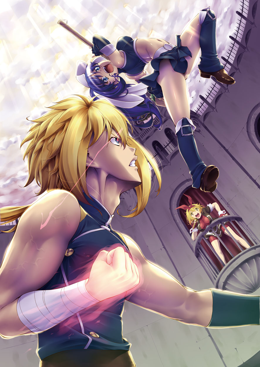 2girls action arched_back arena bare_shoulders battle blonde_hair blue_eyes blue_hair bouncing_breasts breasts bunny_(quiz_magic_academy) bustier clenched_hand clenched_teeth cloud duel fighting_stance hairband highres jon_shicchiou jumping long_hair medium_breasts microphone midriff miniskirt multiple_girls open_mouth ponytail quiz_magic_academy rick_(quiz_magic_academy) skirt sky teeth thighhighs veins yuri_(quiz_magic_academy)
