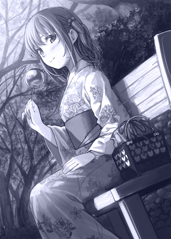 bangs bench blue blush candy_apple carrot_hair_ornament closed_mouth dutch_angle floral_print food food_themed_hair_ornament hair_between_eyes hair_ornament hand_up japanese_clothes kimono legs_together looking_at_viewer monochrome obi original outdoors park_bench sash sitting smile solo yoropa yukata